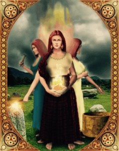 Image of Brigid as one goddess with three bodies and faces, each facing different directions. There is a fiery radiance rising from her heads. In one pair of hands she wields tools of a forge. In another she holds flames. The third are washing at a well.  