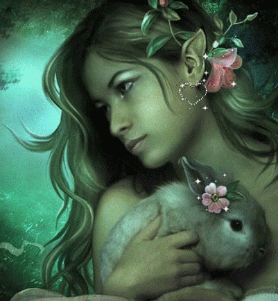 Image of a woman with a flower in her hair, and she is holding a rabbit with a flower by its ear.