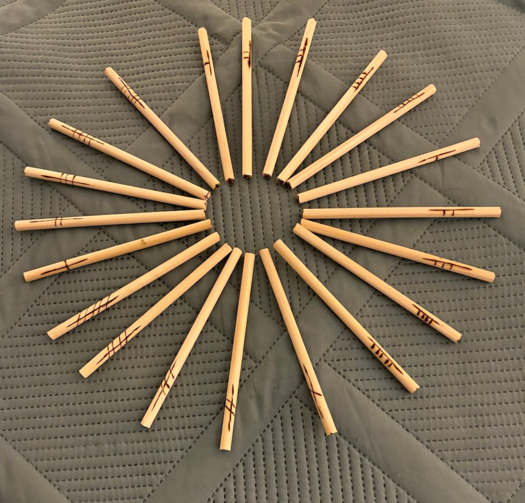 20 birch sticks arranged in a circular fan, each one with a fid wood burned into it.